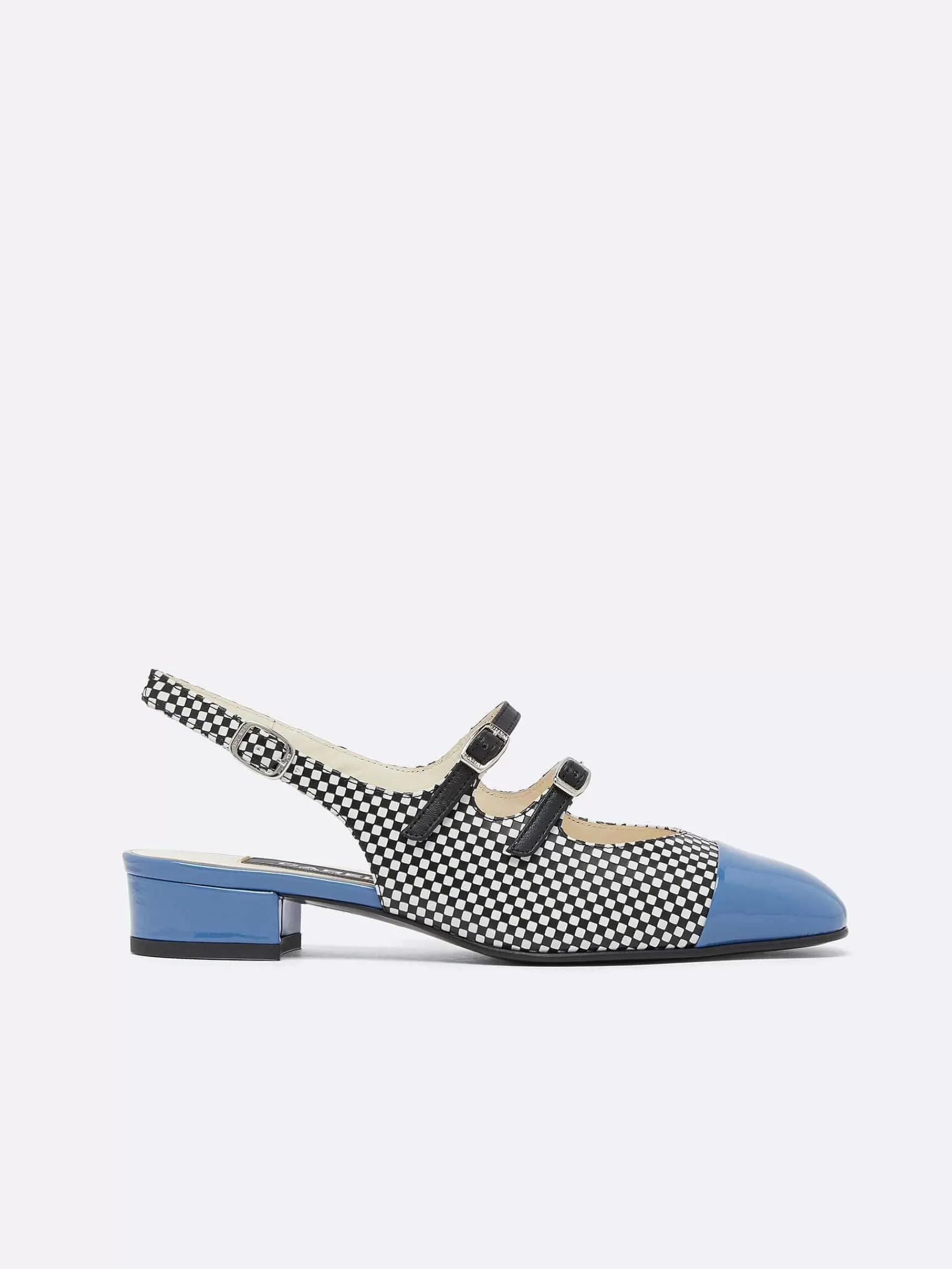 Women Carel Slingbacks-Black And White Upcycled Leather And Blue Patent Leather Slingback Mary Janes