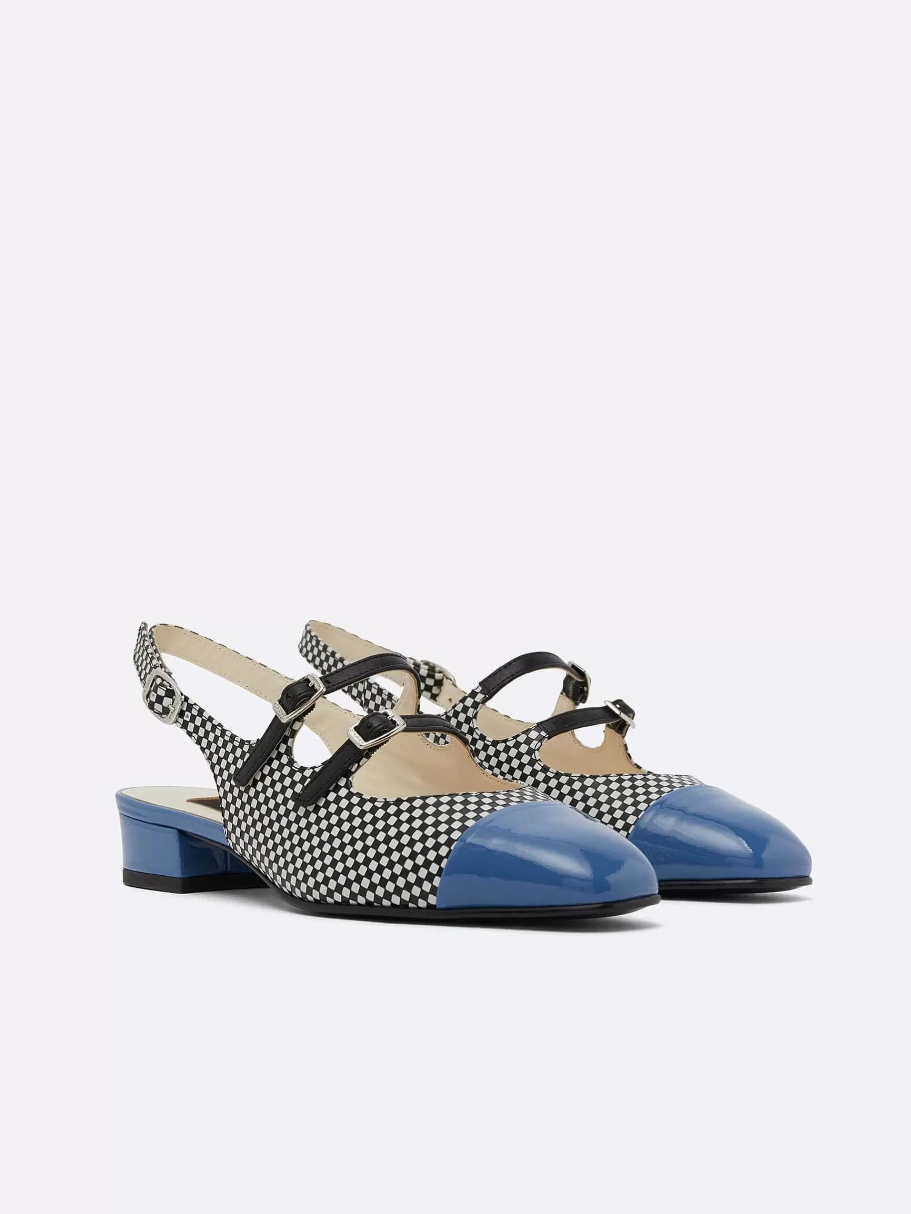 Women Carel Slingbacks-Black And White Upcycled Leather And Blue Patent Leather Slingback Mary Janes