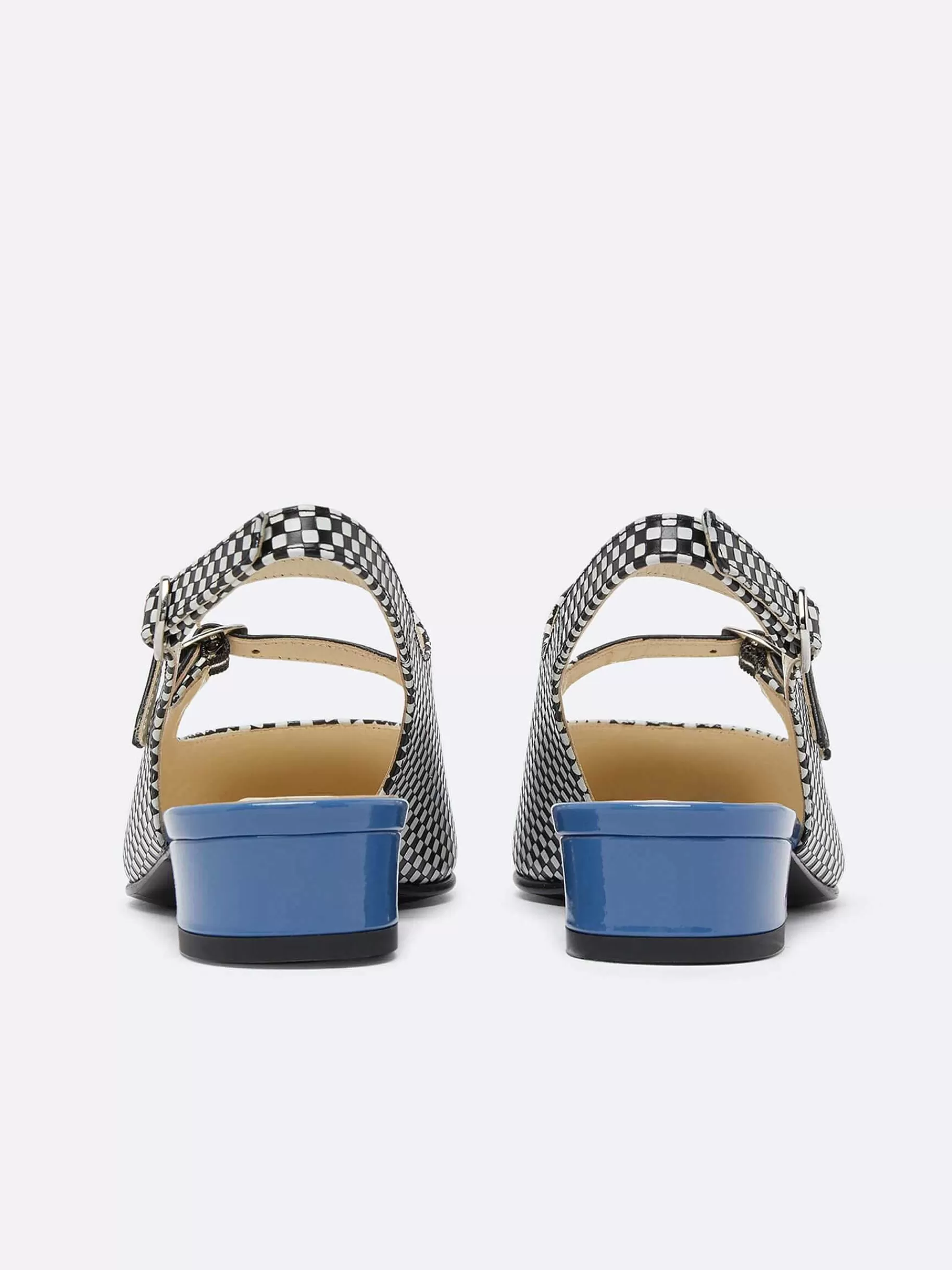 Women Carel Slingbacks-Black And White Upcycled Leather And Blue Patent Leather Slingback Mary Janes
