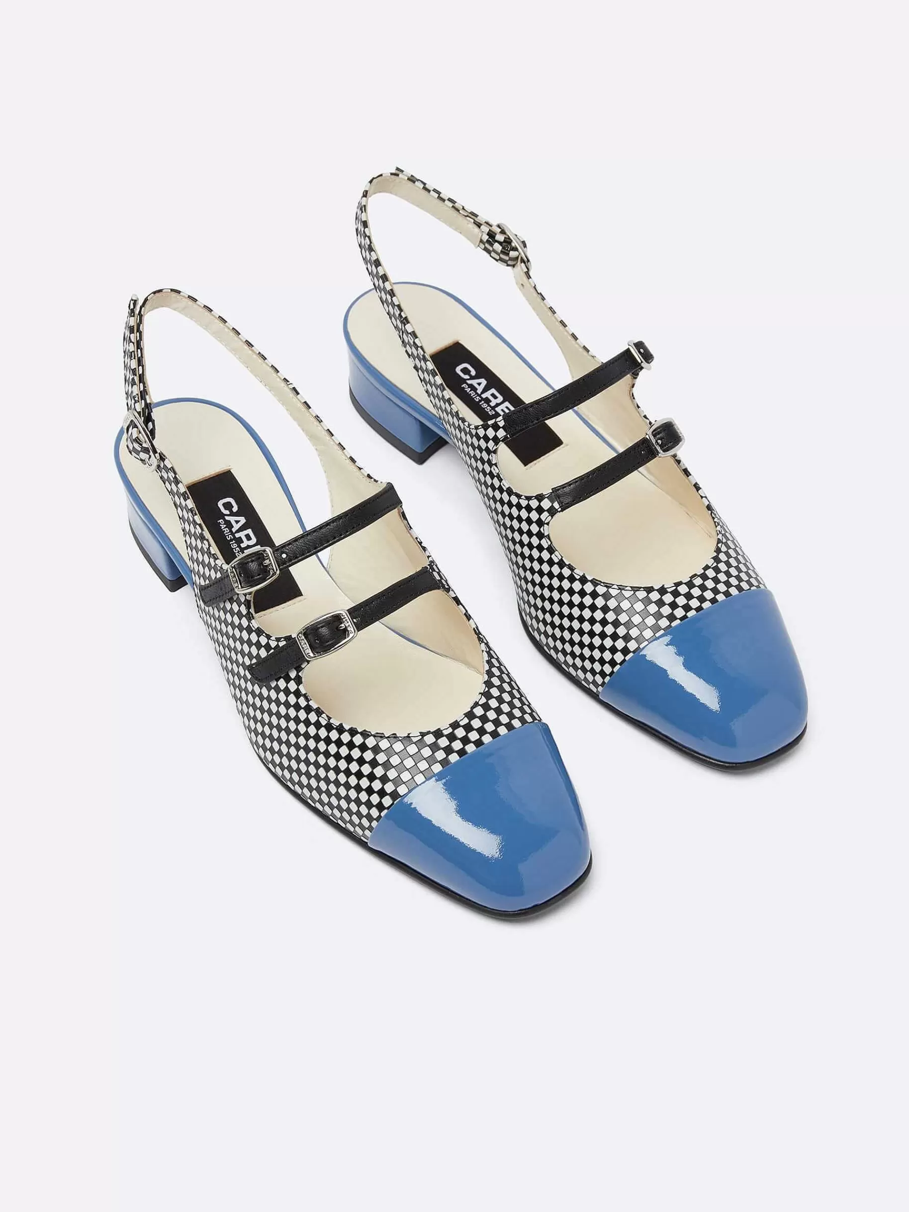 Women Carel Slingbacks-Black And White Upcycled Leather And Blue Patent Leather Slingback Mary Janes