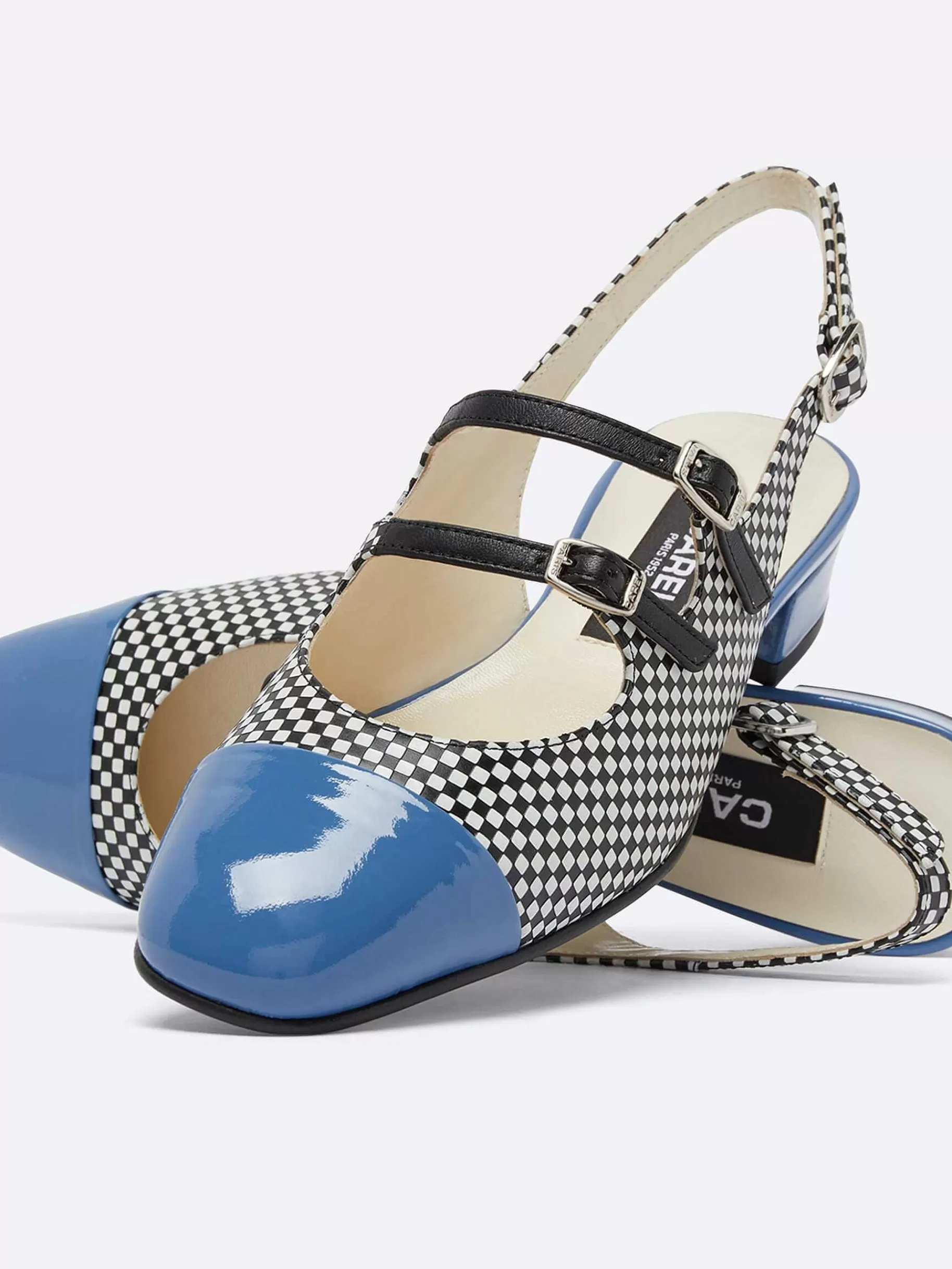 Women Carel Slingbacks-Black And White Upcycled Leather And Blue Patent Leather Slingback Mary Janes