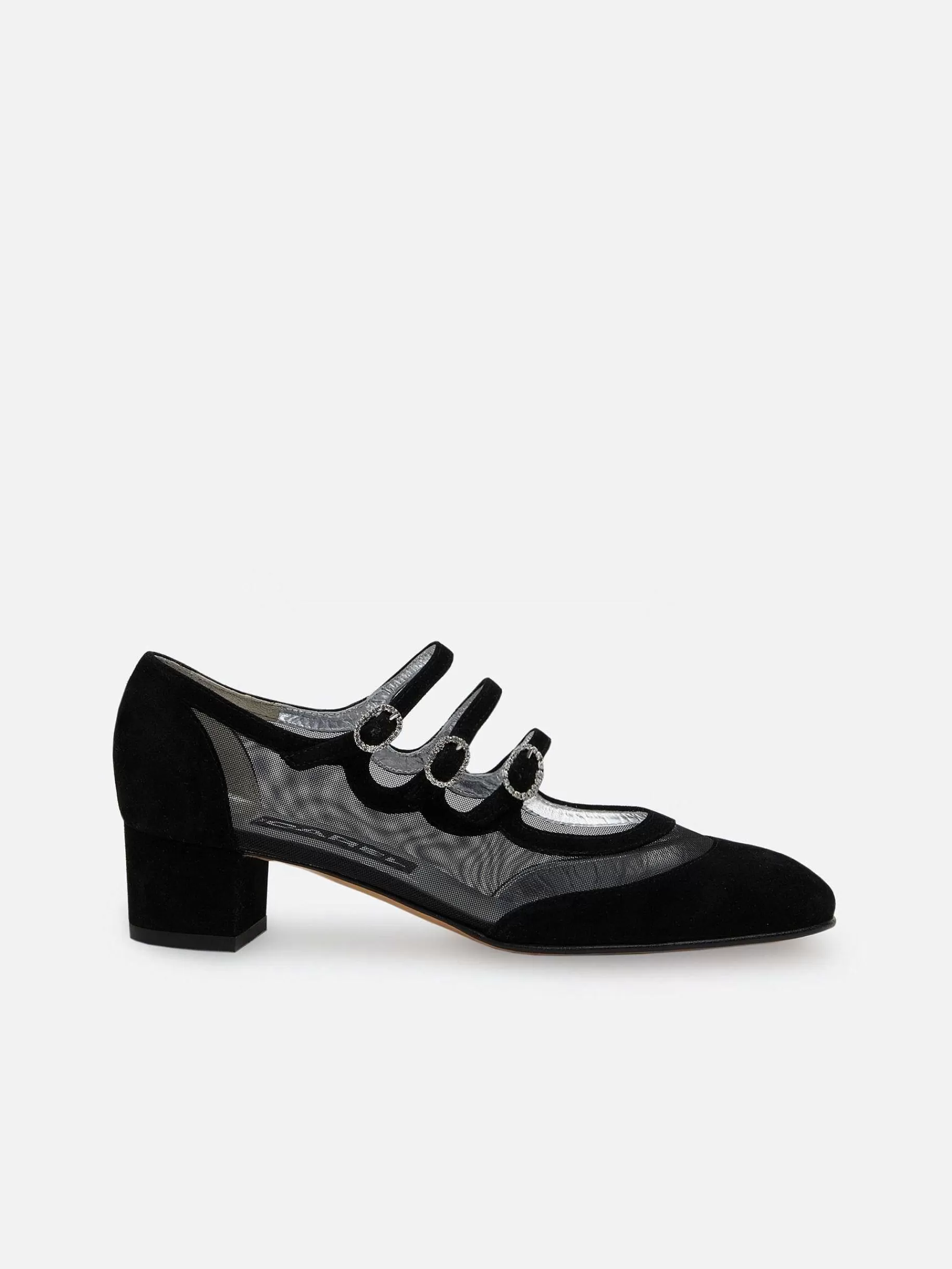 Women Carel Mary Janes-Black Suede Leather Mesh And Strass Buckles Mary Janes Pumps