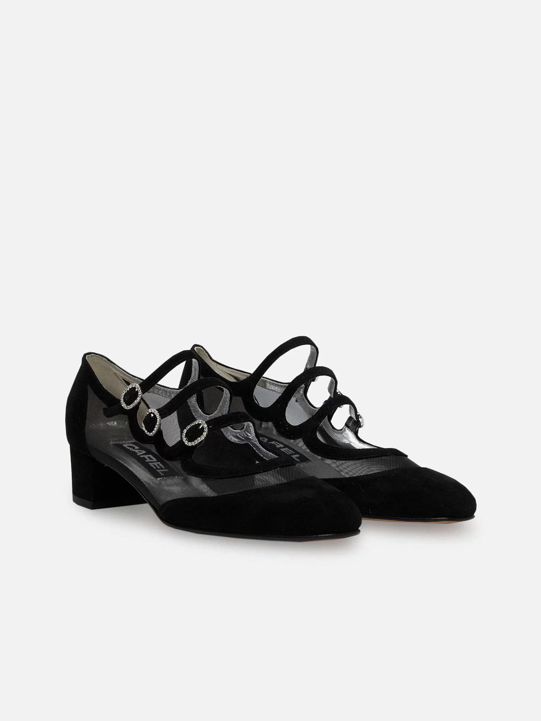 Women Carel Mary Janes-Black Suede Leather Mesh And Strass Buckles Mary Janes Pumps