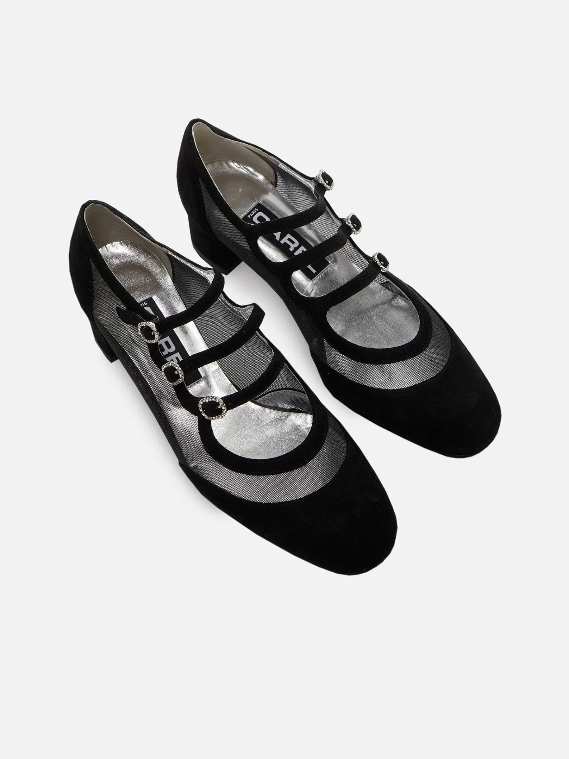 Women Carel Mary Janes-Black Suede Leather Mesh And Strass Buckles Mary Janes Pumps