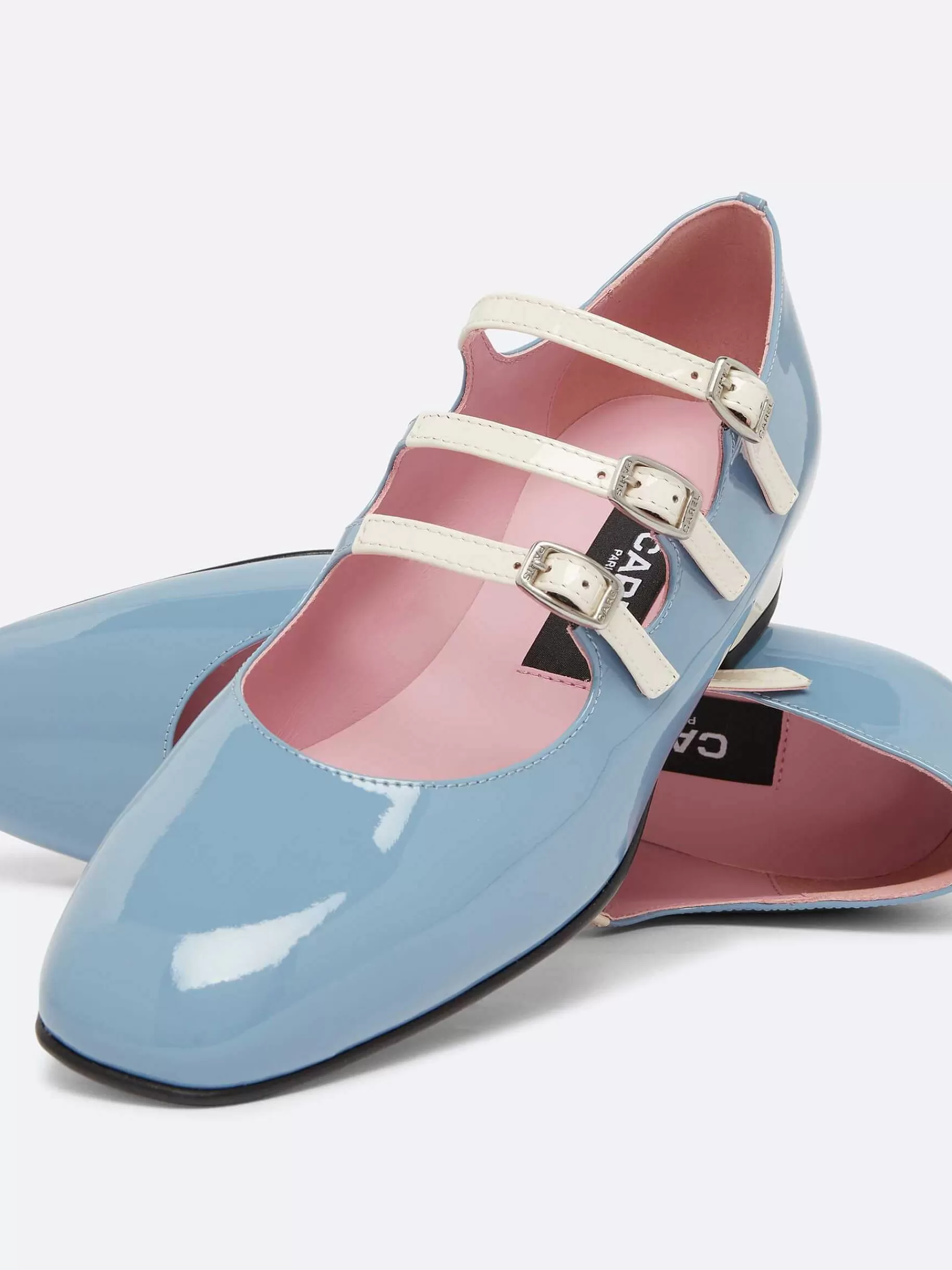 Women Carel Ballet Flats-Blue And Ivory Upcycled Patent Leather Mary Janes Ballet Flats