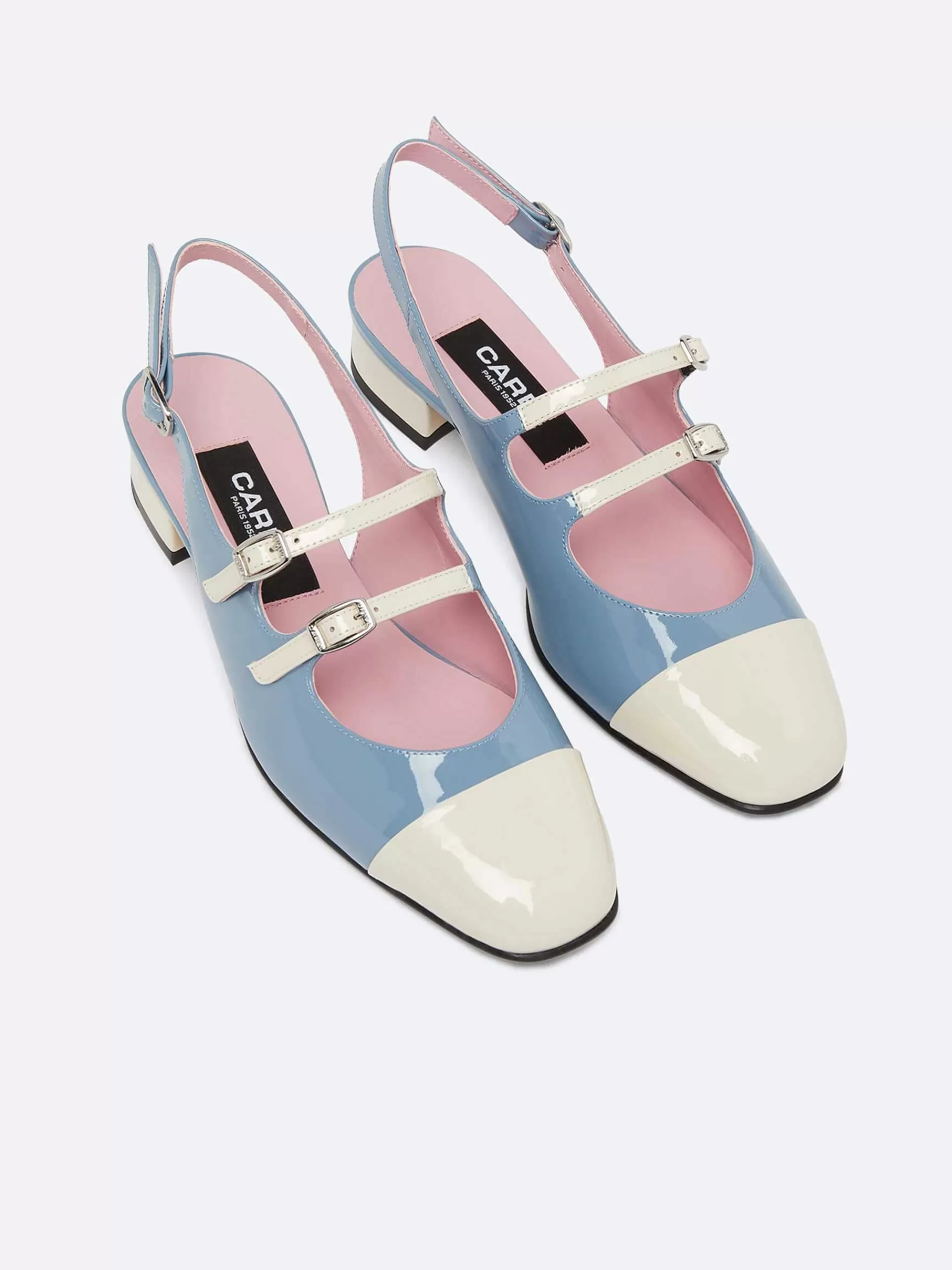 Women Carel Slingbacks-Blue And Ivory Upcycled Patent Leather Slingback Mary Janes