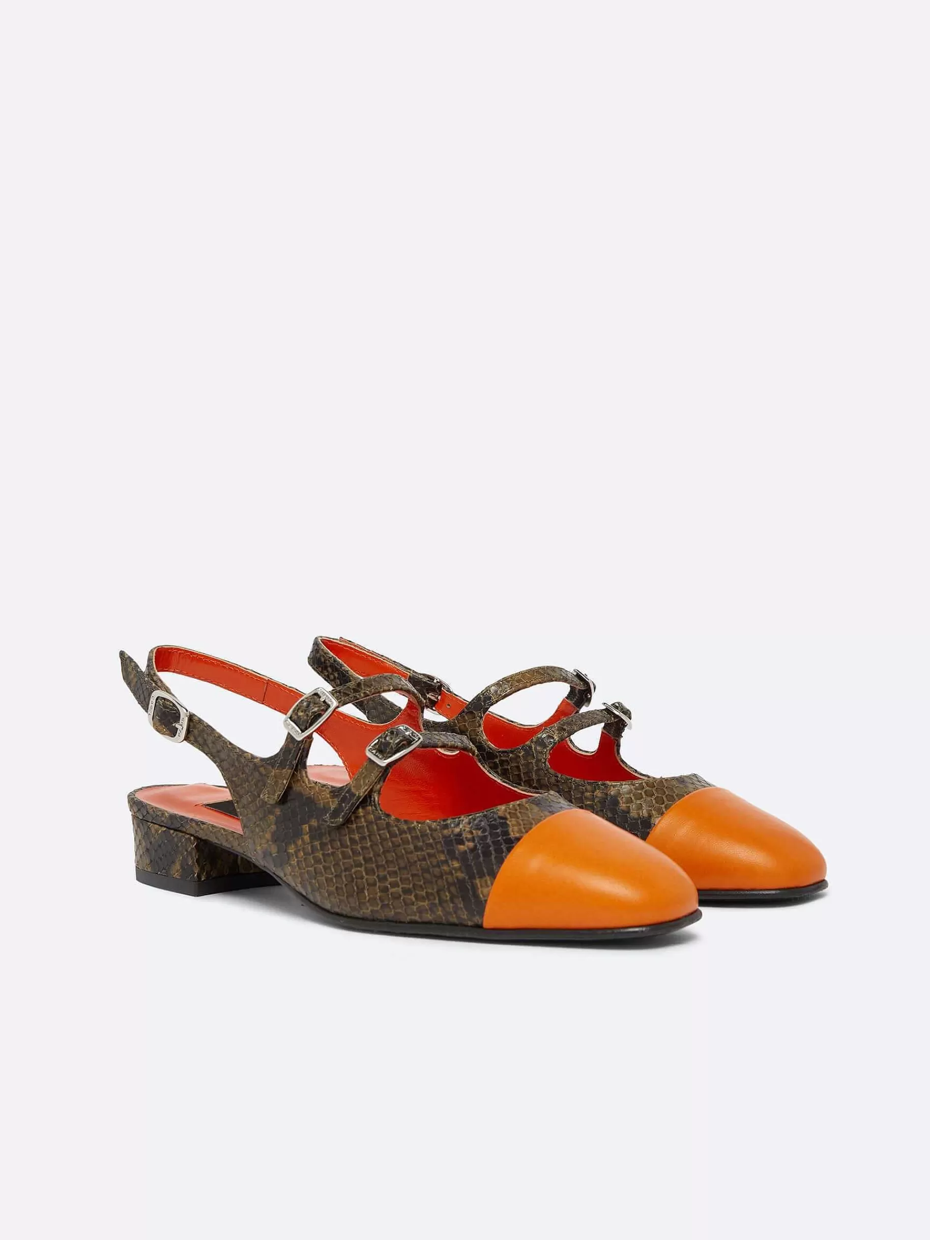 Women Carel Slingbacks-Green Upcycled Python Print Leather And Orange Leather Slingback Mary Janes