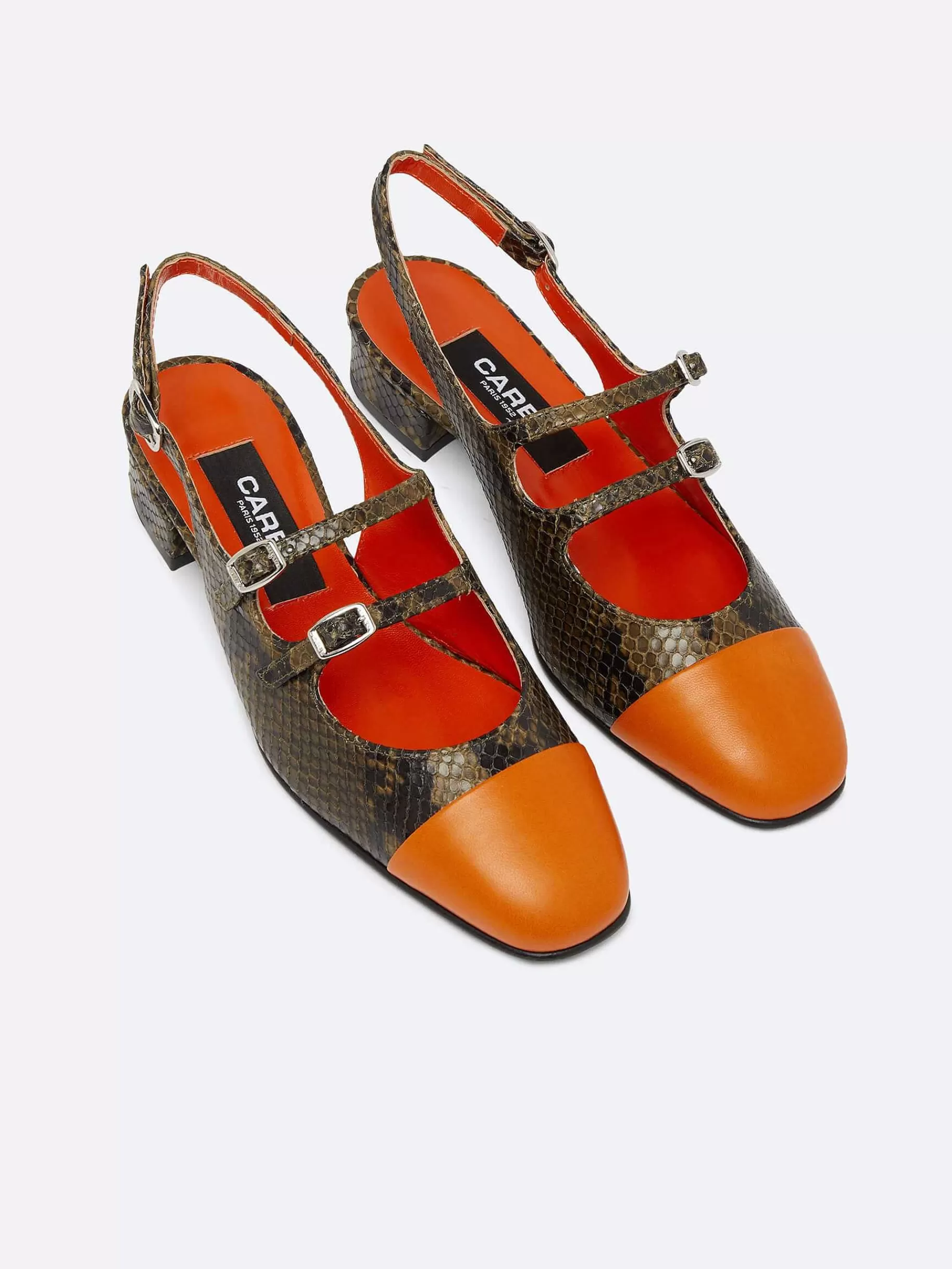 Women Carel Slingbacks-Green Upcycled Python Print Leather And Orange Leather Slingback Mary Janes