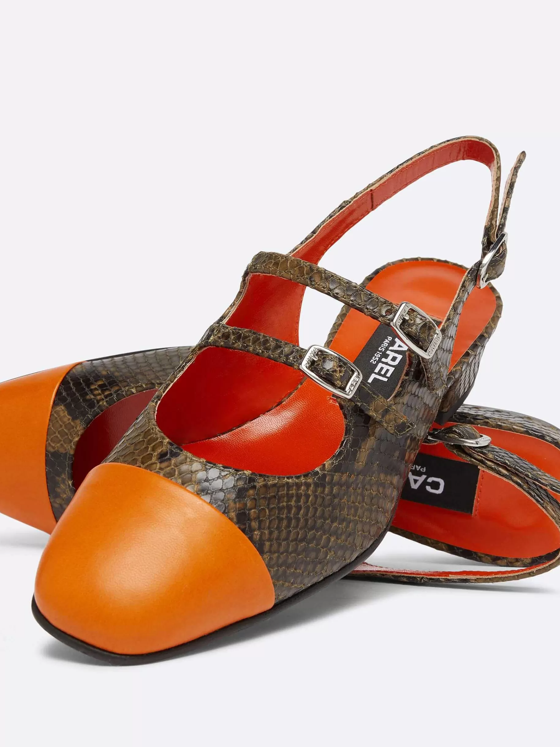 Women Carel Slingbacks-Green Upcycled Python Print Leather And Orange Leather Slingback Mary Janes