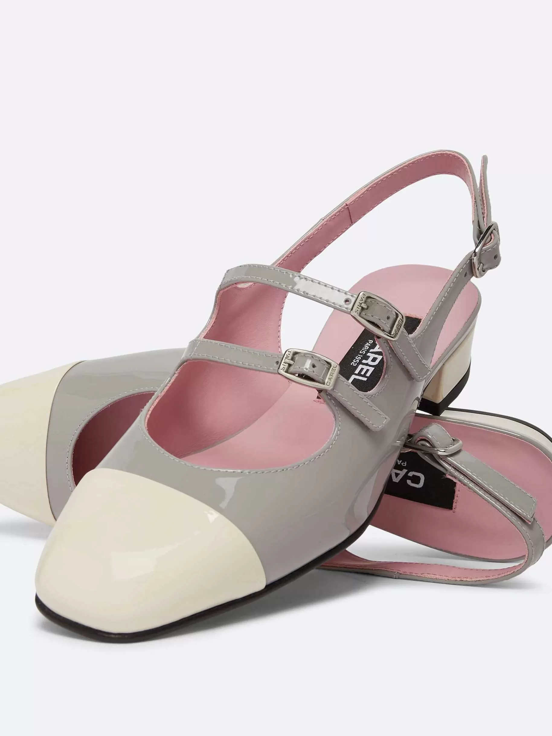 Women Carel Slingbacks-Grey And Ivory Upcycled Patent Leather Slingback Mary Janes