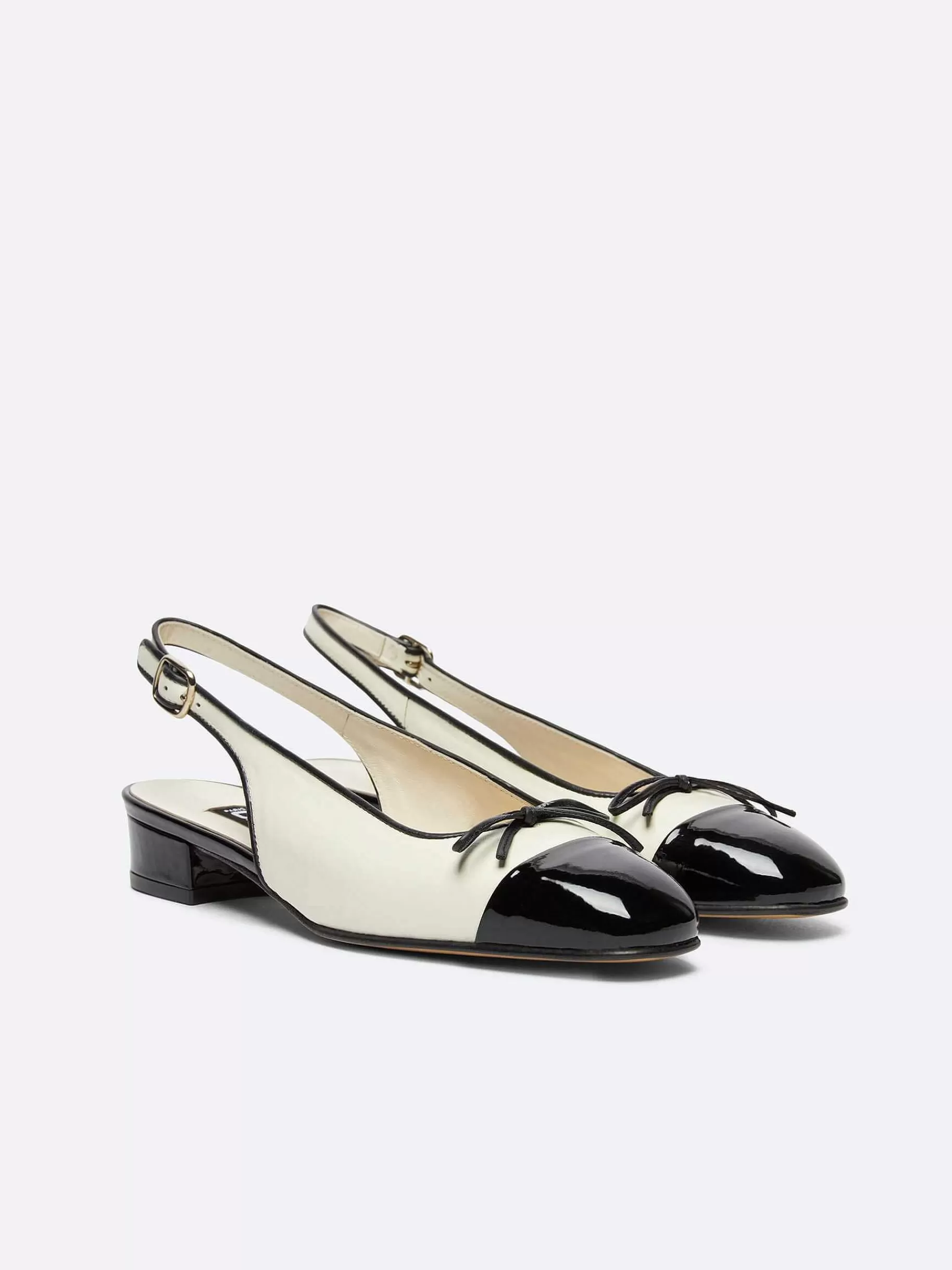 Women Carel Ballet Flats-Ivory Leather And Black Patent Leather Slingback Ballet Flats