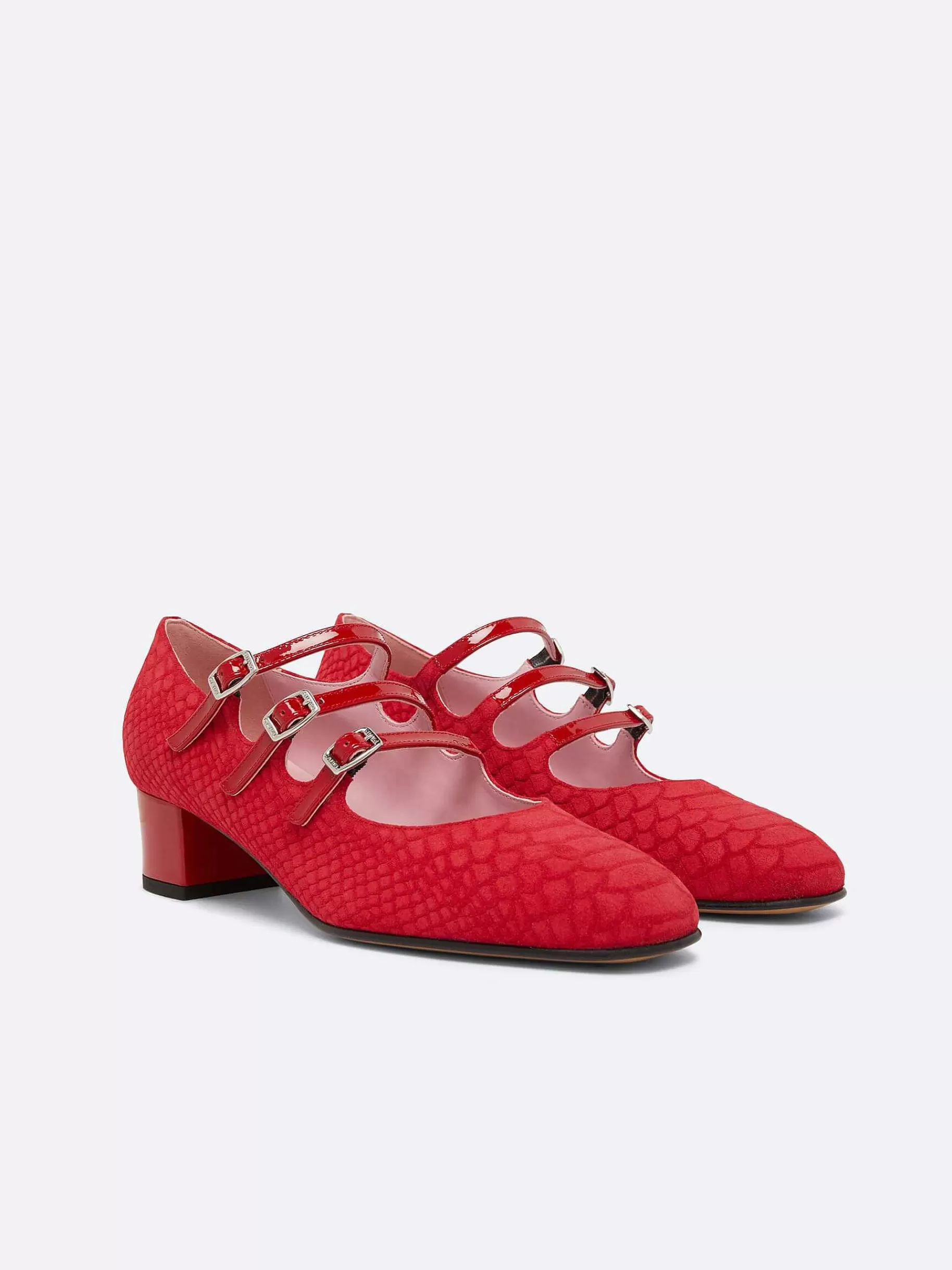 Women Carel Upcycled-Red Embossed Suede And Upcycled Red Patent Leather Mary Janes Pumps