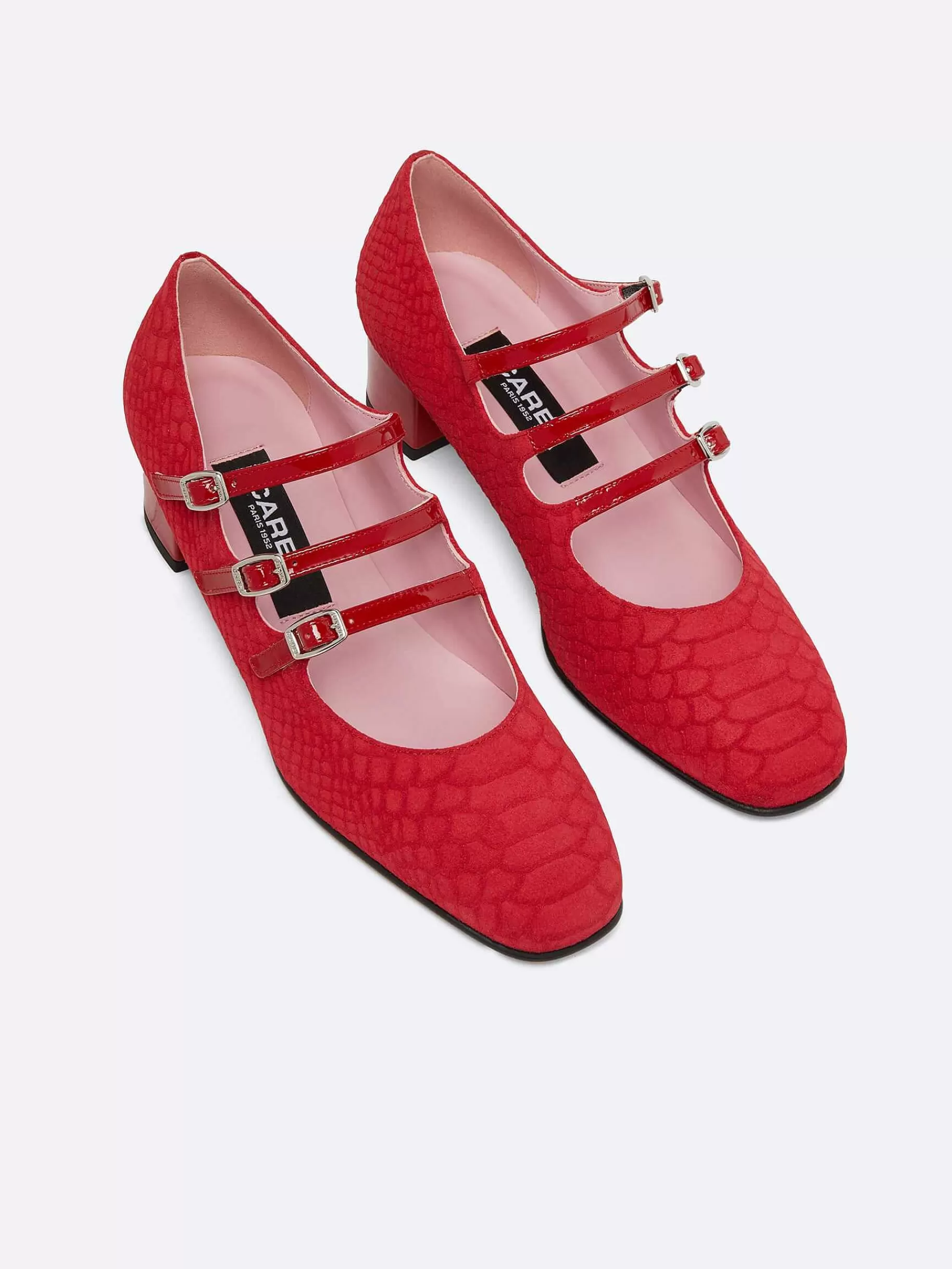 Women Carel Upcycled-Red Embossed Suede And Upcycled Red Patent Leather Mary Janes Pumps