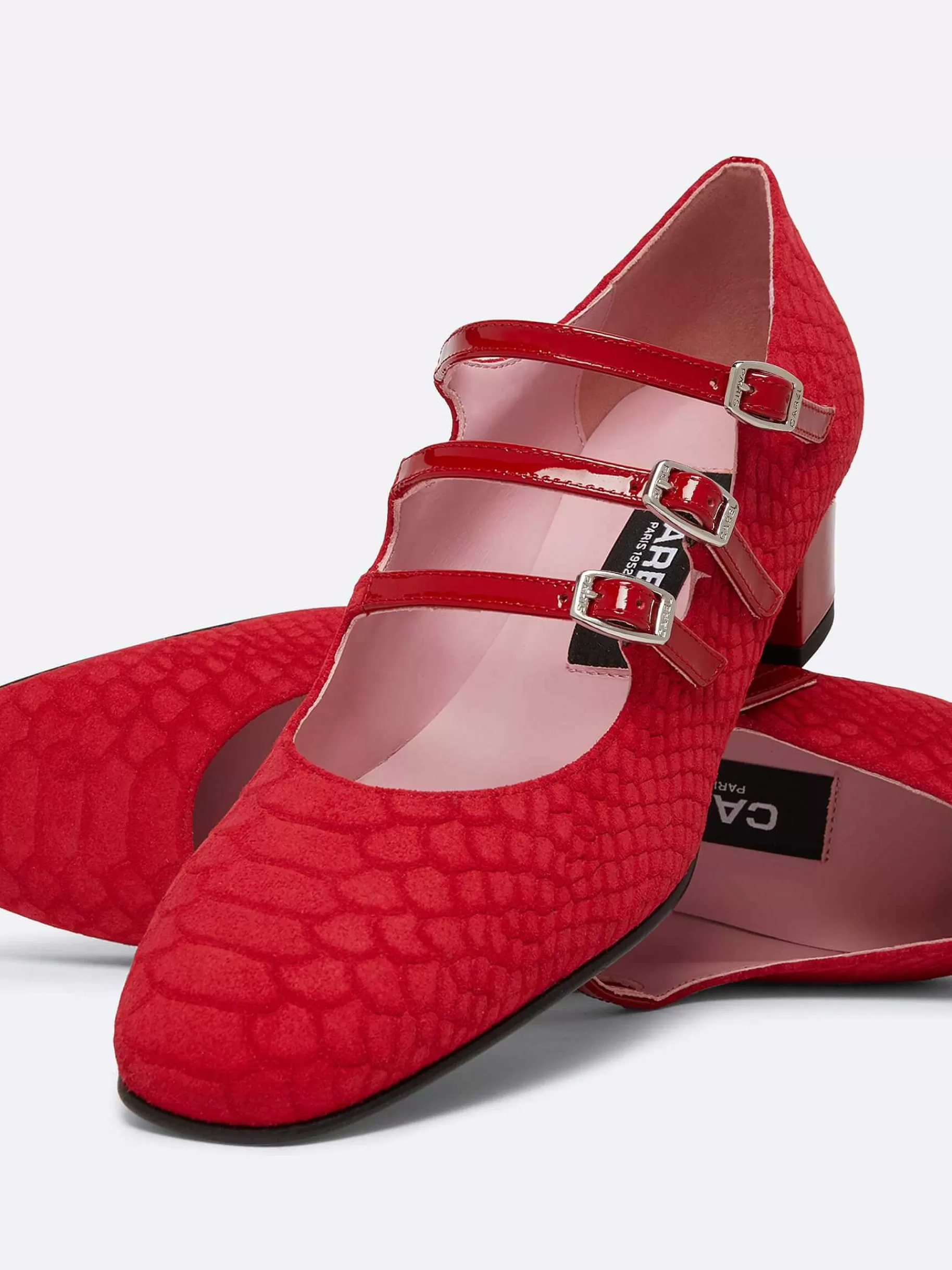 Women Carel Upcycled-Red Embossed Suede And Upcycled Red Patent Leather Mary Janes Pumps