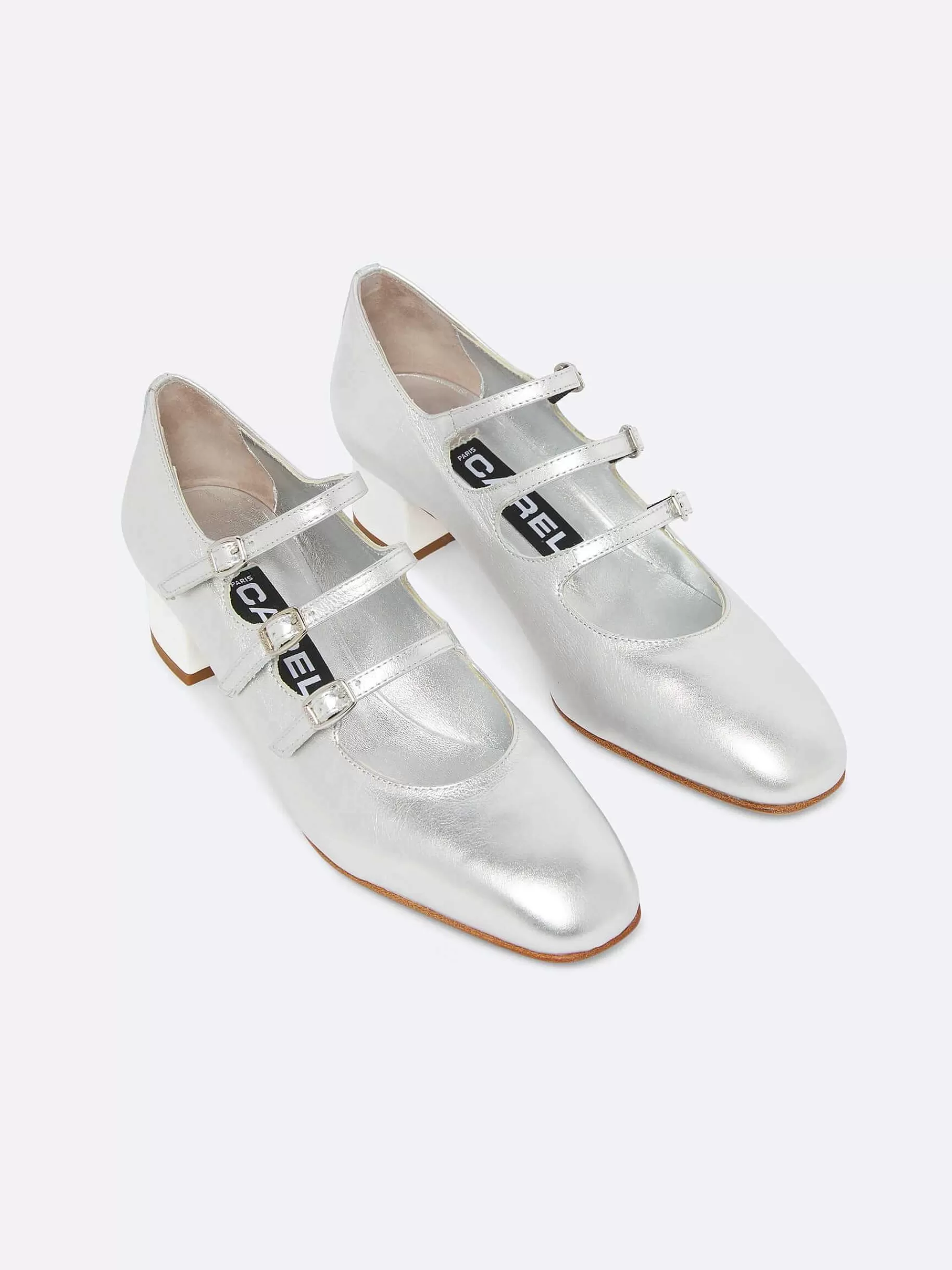 Women Carel Mary Janes-Silver Leather And White Patent Leather Heel Mary Janes Pumps