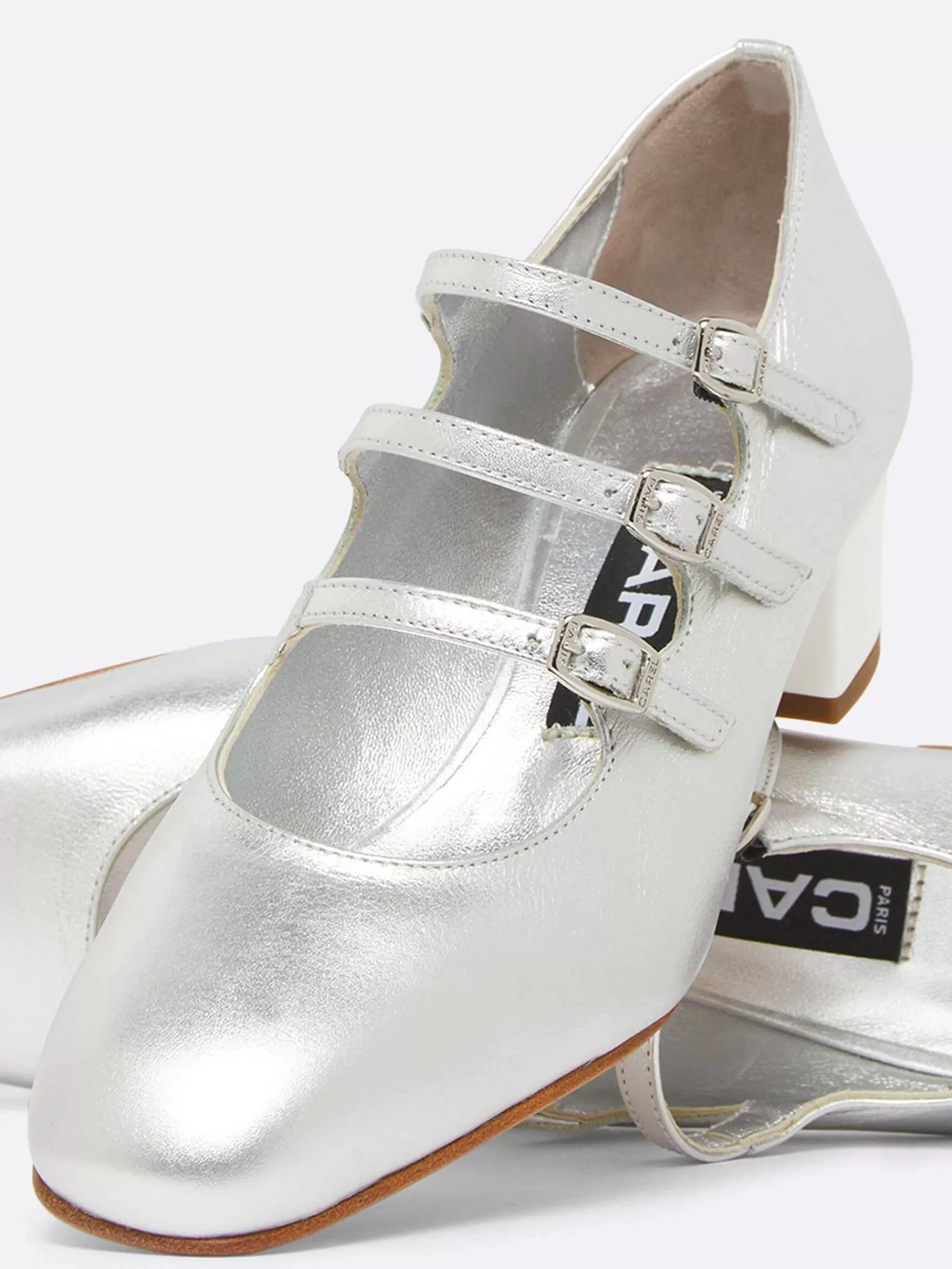 Women Carel Mary Janes-Silver Leather And White Patent Leather Heel Mary Janes Pumps