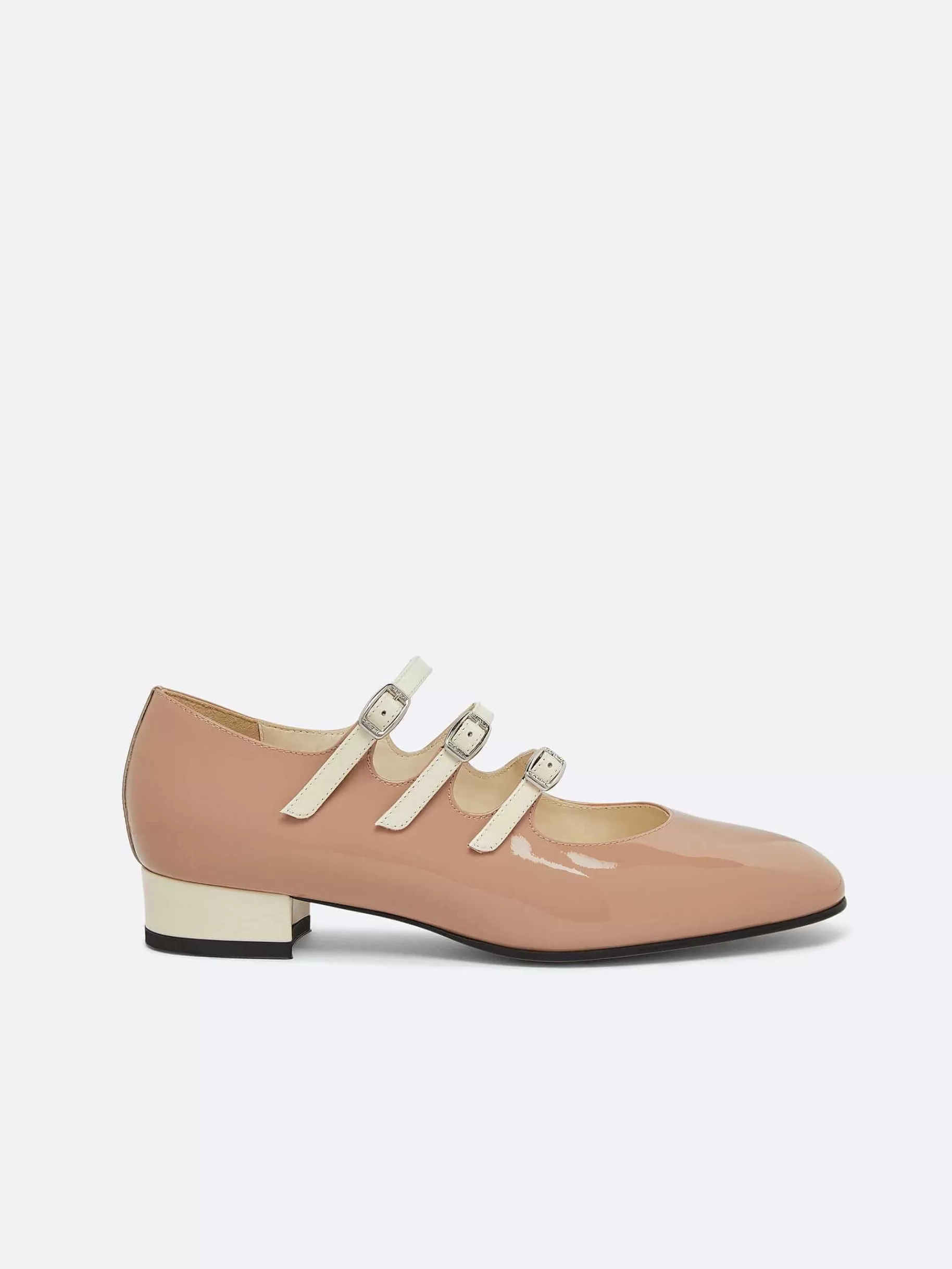 Women Carel Ballet Flats-Taupe And Ivory Upcycled Patent Leather Mary Janes Ballet Flats