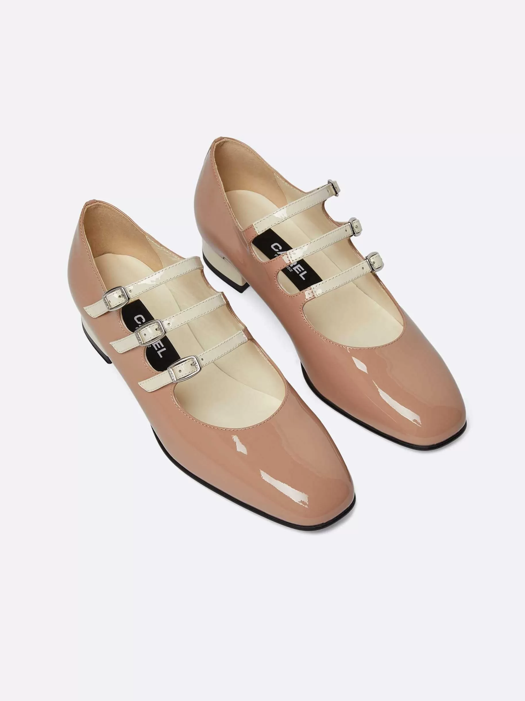 Women Carel Ballet Flats-Taupe And Ivory Upcycled Patent Leather Mary Janes Ballet Flats