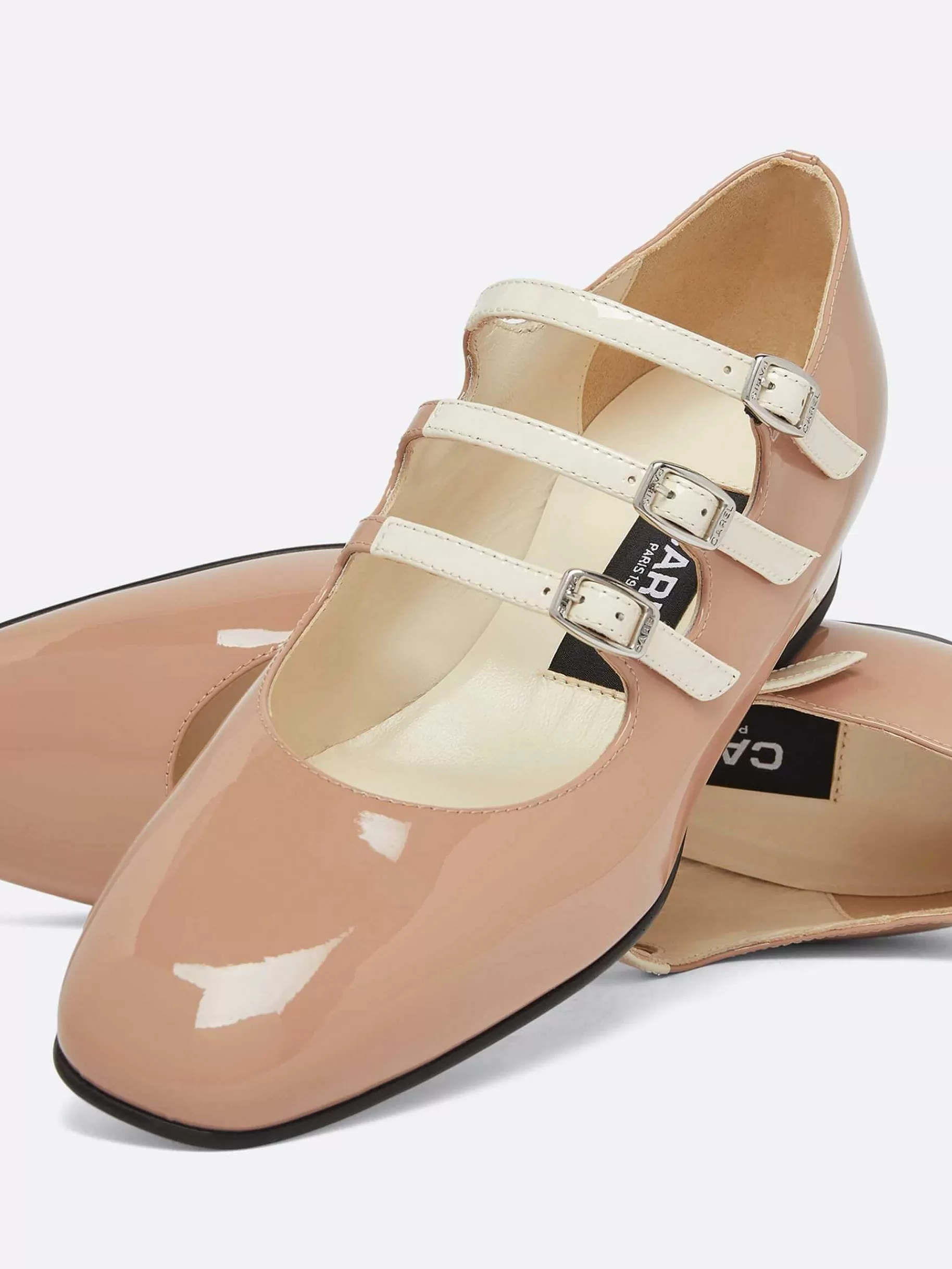 Women Carel Ballet Flats-Taupe And Ivory Upcycled Patent Leather Mary Janes Ballet Flats